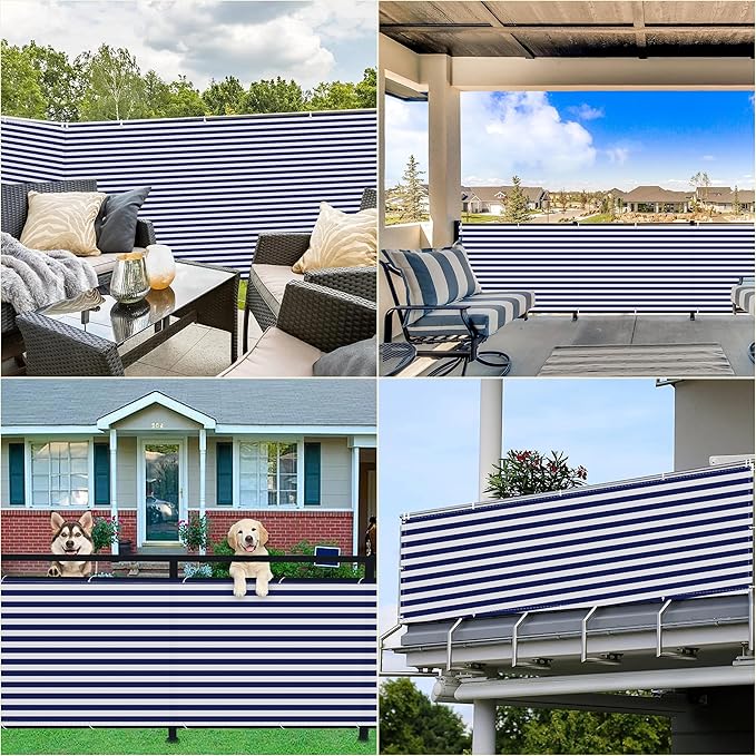 Privacy Fence 3.1' x 29.5' Durable UV-Resistant Outdoor Privacy Screens, Includes Cable Ties for Decks, Patios, Backyards, Outdoor Pools, Porches, Railings, Blue Stripes