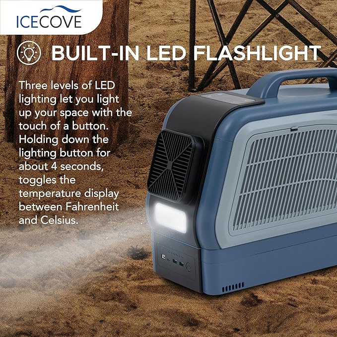 IceCove Portable Air Conditioner with Add-on Battery, 2500BTU Portable Car AC Unit, 250W Low Power Consumption, 25.5VDC, 2 Fan Speed, 3 Light Mode for Tent Camping RV Truck Van Life Home, Blue