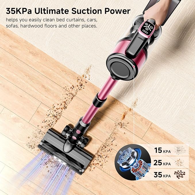 Cordless Vacuum Cleaner, 38Kpa Powerful Stick Vacuum Cleaner with 45mins Rechargeable Battery, LED Anti-Tangle Brush, 8-in-1 Handheld Vacuum Cleaners for Home/Pet Hair/Carpets/Floors, N506