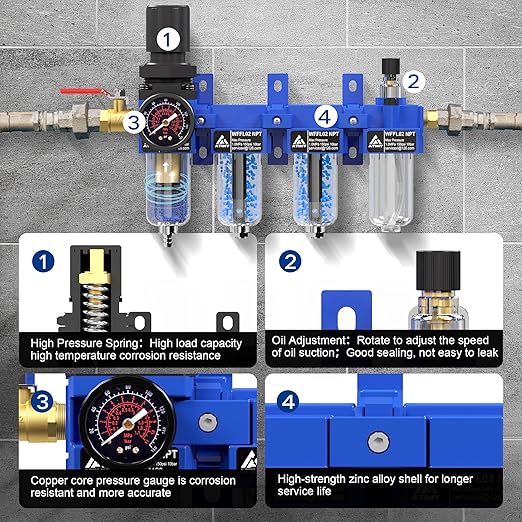 1/4"NPT Air Filter Regulator Lubricator Combo, Air Regulator and Water Separator,Air Compressor Water Separator,5 Micron Brass Filter Cartridge,Double Desiccant Dryers-Blue