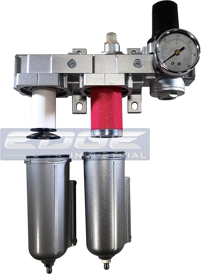 INDUSTRIAL RATED Three Stage Air Drying System - Air Particulate Filter, 0.01 Micron Coalescing Filter & Air Pressure Regulator Modular Combo 3, Metal Bowl (1/2" MANUAL DRAIN)