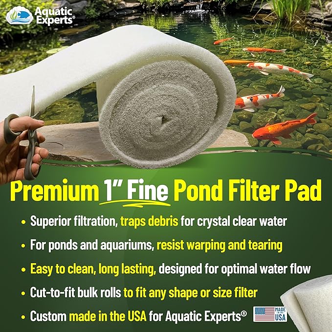 Aquatic Experts Classic Koi Pond Filter Pad FINE - White Bulk Roll Pond Filter Media, Ultra-Durable Pond Filters for Outdoor Ponds, Reusable Fish Pond Filter Material, USA, (3/4" - 1" x 18" x 72")