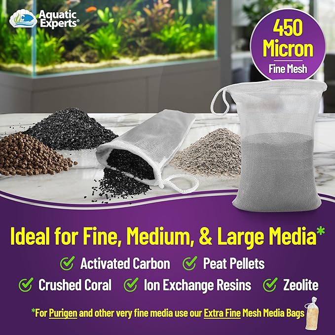 Aquatic Experts Fine Aquarium Media Bag, Durable Drawstring Bags for Fish Tank Filters, 450 Micron Mesh, (Fine, 5" x 9" - 4 Pack)