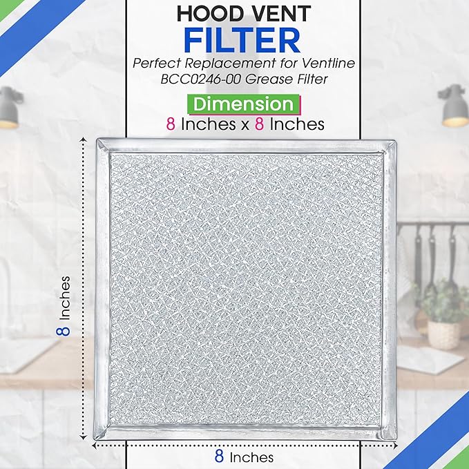 Bagean Stove Vent Filter 8x8 inch BCC024600 Compatible with Ventline Range Hood Filter Replacement for Kitchen Exhaust Fan - Aluminum Screen Blocks Grease & Filters Over Oven Air (1-Pack)