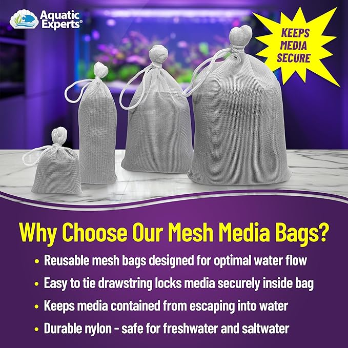 Aquatic Experts Fine Aquarium Media Bag, Durable Drawstring Bags for Fish Tank Filters, 450 Micron Mesh, (Fine, 8" x 12" - 3 Pack)
