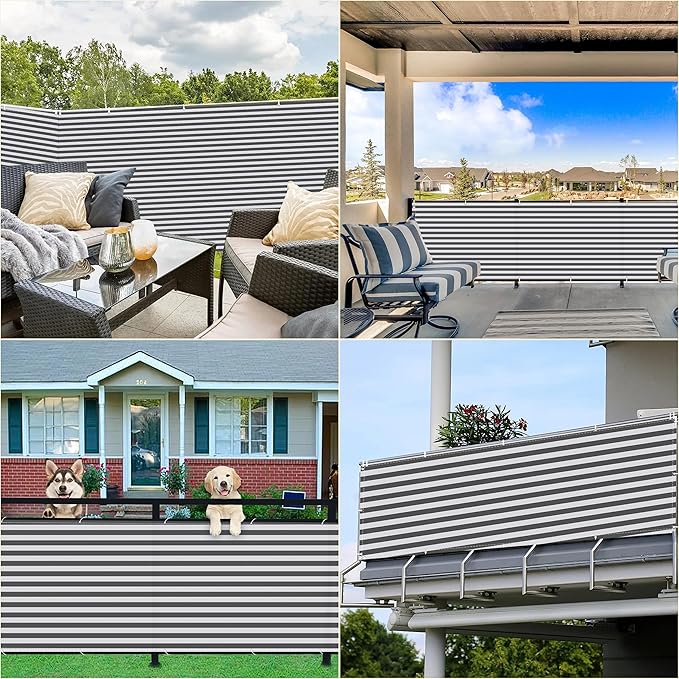 Privacy Fence Screen 4.9' x 26.2' UV Protection (HDPE) Weather-Resistant Outdoor Privacy Screen, Includes Cable Ties for Decks, Patios, Backyards, Outdoor Pools, Porches, Railings, Gray Stripes