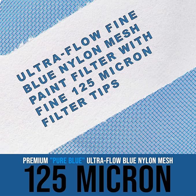 TCP Global - 125 Micron Filter Tips Ultra-Fine Paint Strainer (250 Pack) - Pure Blue Nylon Mesh Cone Strainer - Paint Filter Cones for Auto, House & Hobby