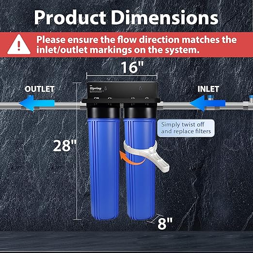 iSpring Whole House Water Filter System, Highly Reduces Iron, Manganese, Chlorine, Taste, Odor, 2-Stage Whole House Water Filtration System, Model: WGB22BM, 1" NPT Inlet/Outlet