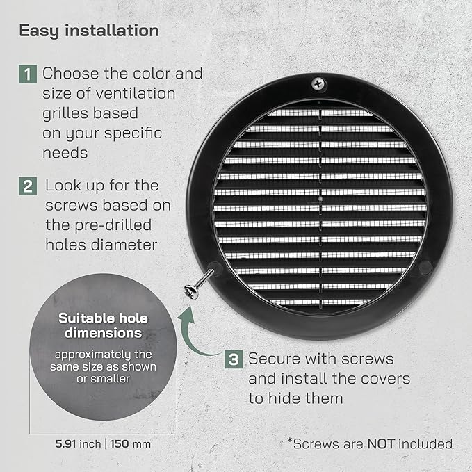 Vent Systems 6" Inch (Opening Dimensions) - Pack of 5 - Black Soffit Vent Cover - Plastic Round Air Vent Grille - Built-in Mesh Screen - HVAC Register Louver for Bathroom, Home, Kitchen