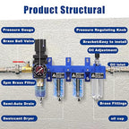 1/4"NPT Air Filter Regulator Lubricator Combo, Air Regulator and Water Separator,Air Compressor Water Separator,5 Micron Brass Filter Cartridge,Double Desiccant Dryers-Blue