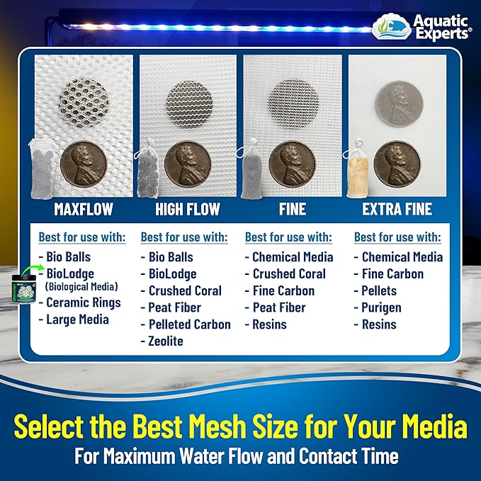 Aquatic Experts High Flow Filter Media Bag - Durable Filter Bags for Fish Tank, Secure Aquarium Media Bag with Drawstring, Media Bags for Aquarium and Pond, High Flow (White), 3” x 8” - 4 Pack