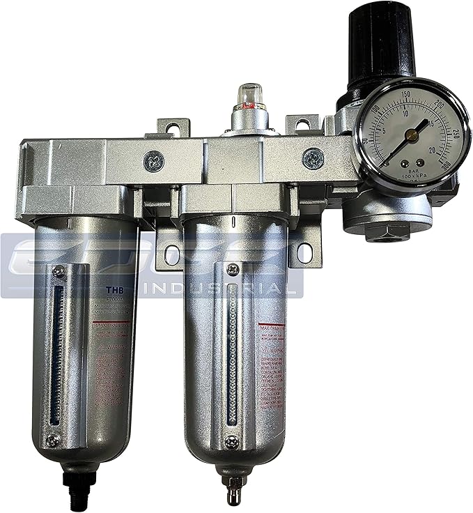 INDUSTRIAL RATED Three Stage Air Drying System - Air Particulate Filter, 0.01 Micron Coalescing Filter & Air Pressure Regulator Modular Combo 3, Metal Bowl (3/4" AUTO DRAIN)