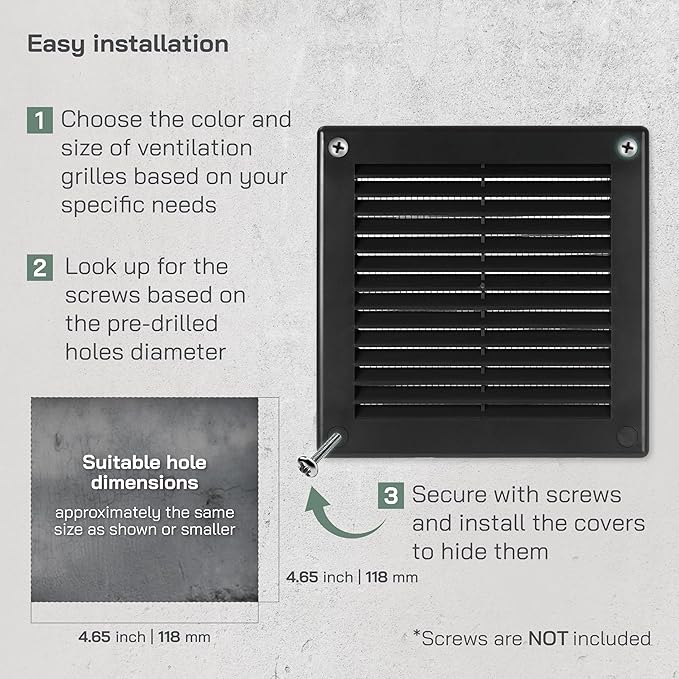 Vent Systems 4.5" x 4.5" Inch (Opening Dimensions) - Pack of 2 - Black Plastic Soffit Vent Cover - Durable Square Air Vent Grille with Mesh Screen - Ventilation Grill Wall, Ceiling Indoor, Outdoor