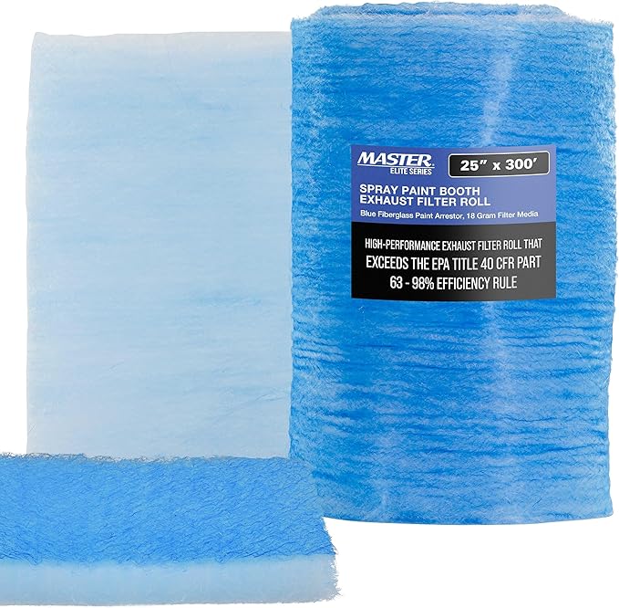 Master Elite Premium Paint Spray Booth Exhaust Filter Roll, 25" x 300' - 18 Gram Heavy-Duty Fiberglass Arrestor - Captures Traps Overspray Particles in Auto Car Autobody Refinish Booths