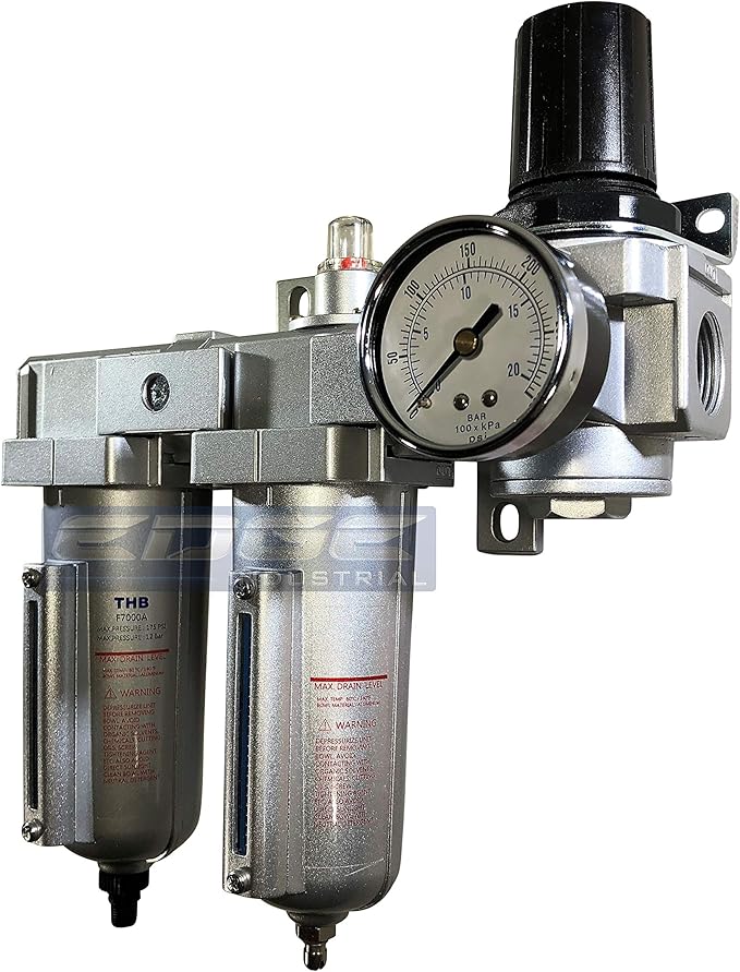 INDUSTRIAL RATED Three Stage Air Drying System - Air Particulate Filter, 0.01 Micron Coalescing Filter & Air Pressure Regulator Modular Combo 3, Metal Bowl (3/4" AUTO DRAIN)