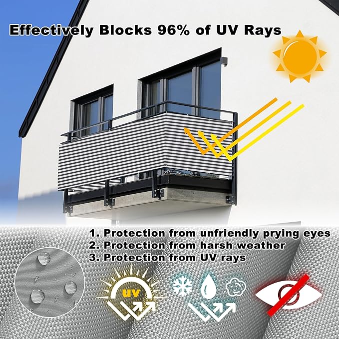 Privacy Fence Screen 4.9' x 26.2' UV Protection (HDPE) Weather-Resistant Outdoor Privacy Screen, Includes Cable Ties for Decks, Patios, Backyards, Outdoor Pools, Porches, Railings, Gray Stripes