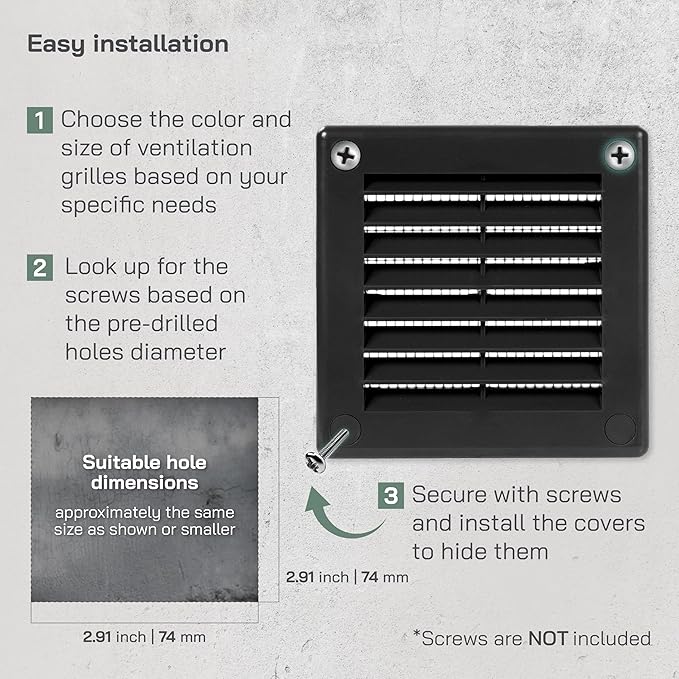 Vent Systems 3" x 3" (Opening Dimensions) Black Plastic Soffit Vent Cover - Durable Flat Square Air Vent Grille with Mesh Screen - Weather Resistant Ventilation Grill, Wall & Ceiling, Indoor & Outdoor