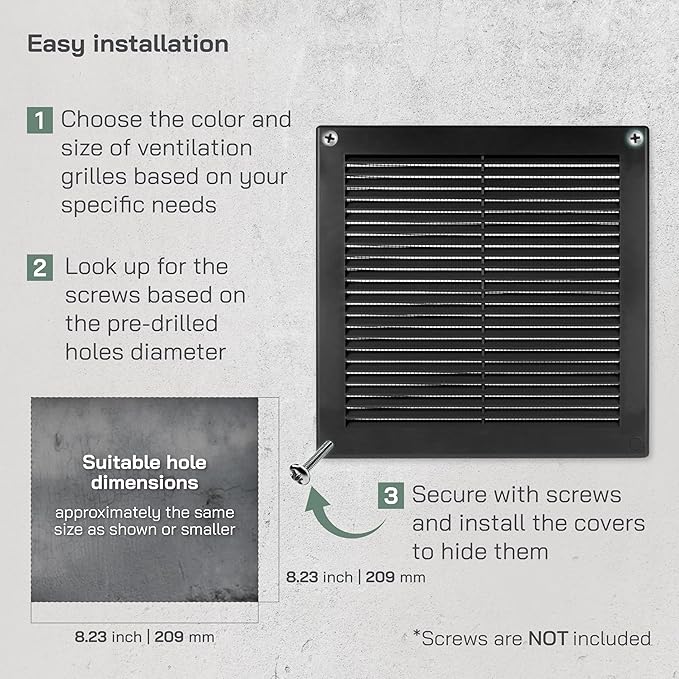 Vent Systems 8" x 8" Inch (Opening Dimensions) - Pack of 2 - Black Plastic Soffit Vent Cover - Durable Square Air Vent Grille with Mesh Screen - Ventilation Grill Wall, Ceiling Indoor, Outdoor