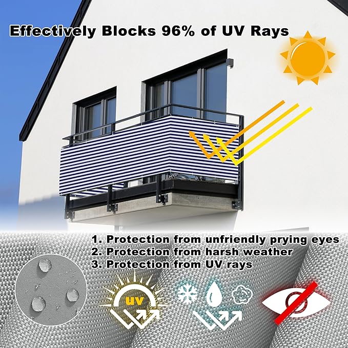 Privacy Screen Protector 3' x 23' UV-Resistant Visibility Reduction Patio Privacy Screens for Balcony, Included Cable Zip Ties for Decks, Patios, Backyards, Pools, Porches, Railings, Blue Stripes