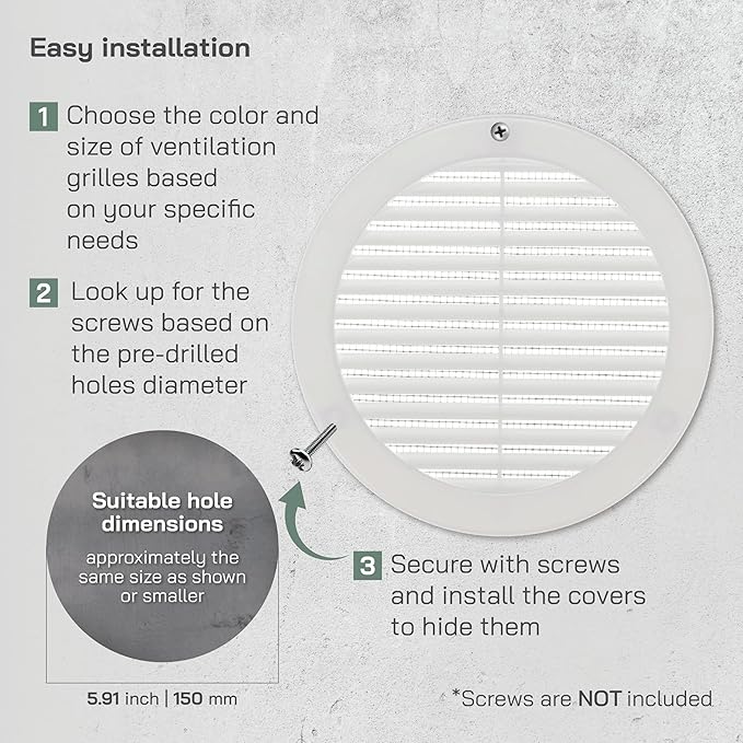 Vent Systems 6" Inch (Opening Dimensions) - Pack of 5 - White Soffit Vent Cover - Plastic Round Air Vent Grille - Built-in Mesh Screen - HVAC Register Louver for Bathroom, Home, Kitchen