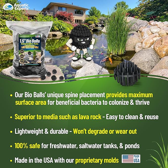 Aquatic Experts 1.5" Large Bio Balls for Ponds – Biological Filter Media for Waterfalls & Outdoor Pond Filters, Treats Up to 330 Gallons (100 Count + 10" x 12" Mesh Bag)
