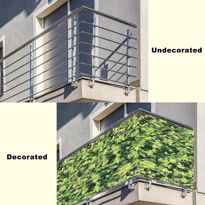 Balcony Privacy Screen 3.1' x 13.1' UV Protection Weather-Resistant Patio Privacy Screen, with Grommets, for Decks, Patios, Backyards, Outdoor Pools, Porches, Railings, Green Leaf Pattern