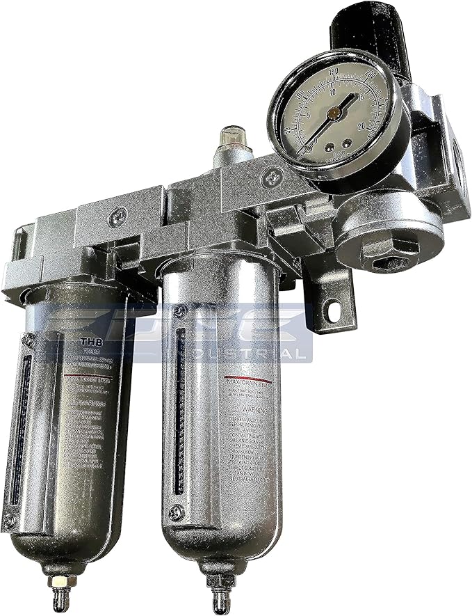 INDUSTRIAL RATED Three Stage Air Drying System - Air Particulate Filter, 0.01 Micron Coalescing Filter & Air Pressure Regulator Modular Combo 3, Metal Bowl (3/4" MANUAL DRAIN)