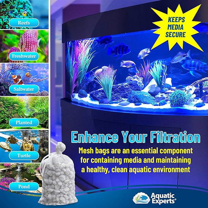 Aquatic Experts High Flow Filter Media Bag - Durable Filter Bags for Fish Tank, Secure Aquarium Media Bag with Drawstring, Media Bags for Aquarium and Pond, High Flow (White), 3” x 8” - 8 Pack