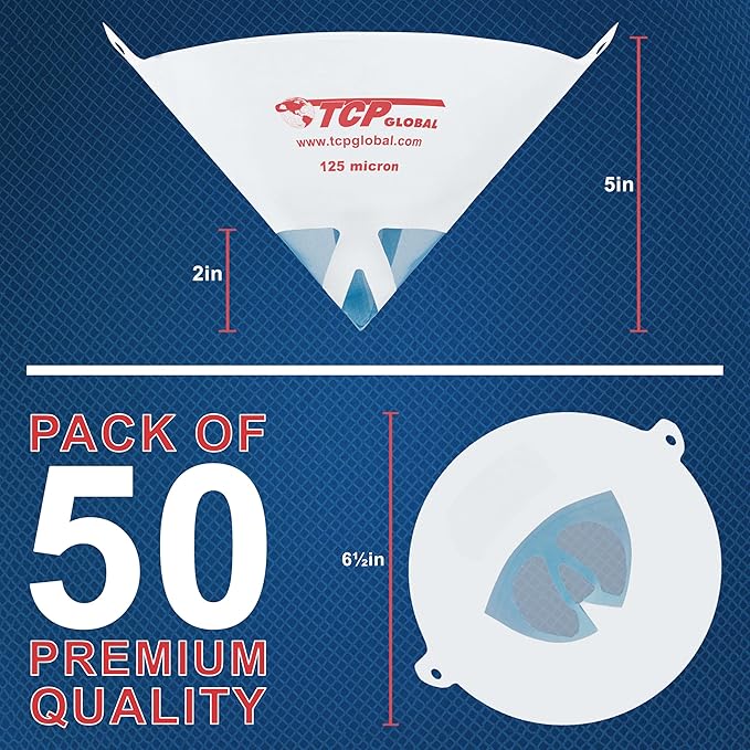 TCP Global - 125 Micron Filter Tips Ultra-Fine Paint Strainer (50 Pack) - Pure Blue Nylon Mesh Cone Strainer - Paint Filter Cones for Auto, House & Hobby