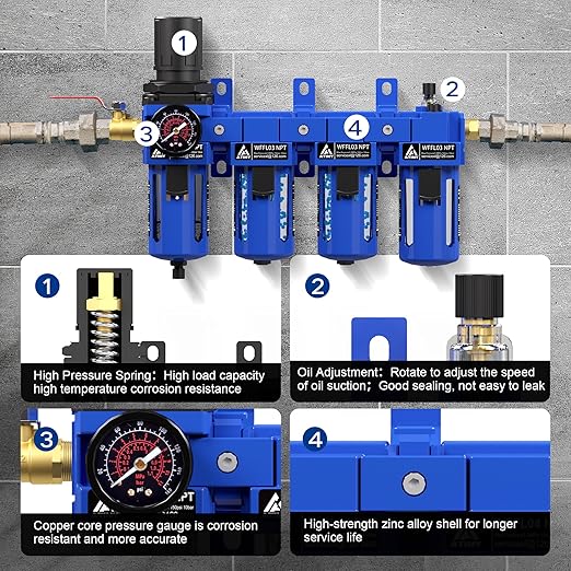 3/8" NPT Compressed Air Filter Regulator Lubricator Combo,Air Compressor Dryer Oil Water Separator,Brass Cartridge with Double Desiccant - Gauge(0-150 psi), Poly Bowl, Semi-Auto Drain, Bracket