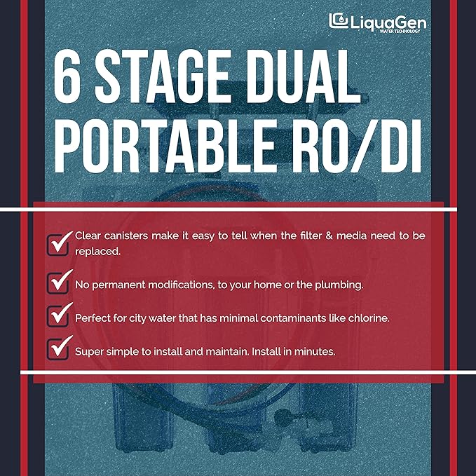 LiquaGen Portable - 6 Stage Dual Use (Drinking & 0 PPM Aquarium Reef/Deionization) Reverse Osmosis Water System (RO/DI) w/pH Alkaline Mineral Restoration Filter (50 GPD)