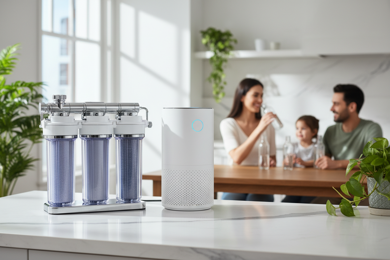 At EcoPurify, we provide premium water and air filtration solutions that keep your home safe, healthy, and eco-friendly. From advanced water filters to HEPA air purifiers, our products remove contaminants, improve air and water quality, and make clean living simple for every family. (make it real photo)
