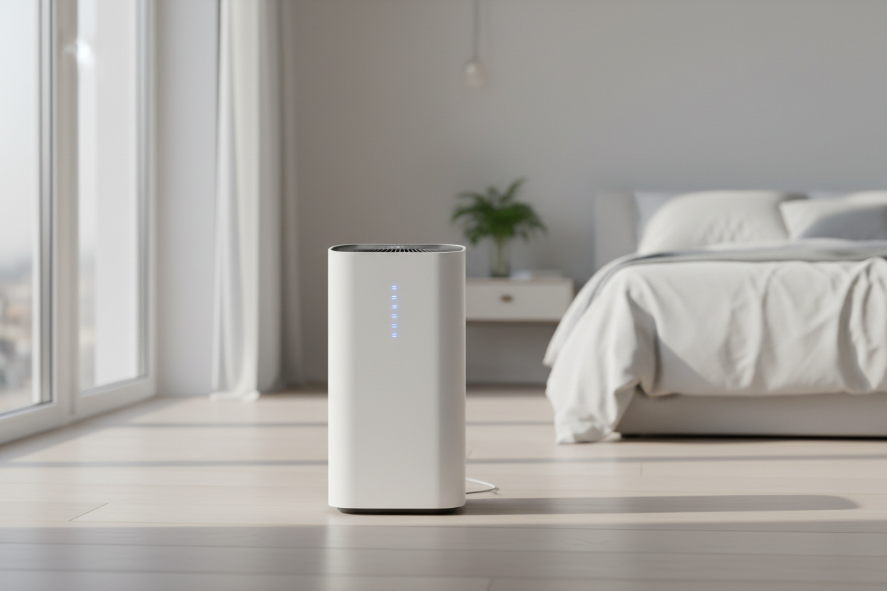 EcoPurify HEPA Air Purifier

Description: Breathe easier with our advanced HEPA Air Purifier. Capturing 99.97% of dust, allergens, smoke, and airborne pollutants, it’s ideal for bedrooms, offices, or living spaces. Sleek, quiet, and energy-efficient, it keeps your air fresh while reducing allergens for a healthier home environment. (make it real photo0